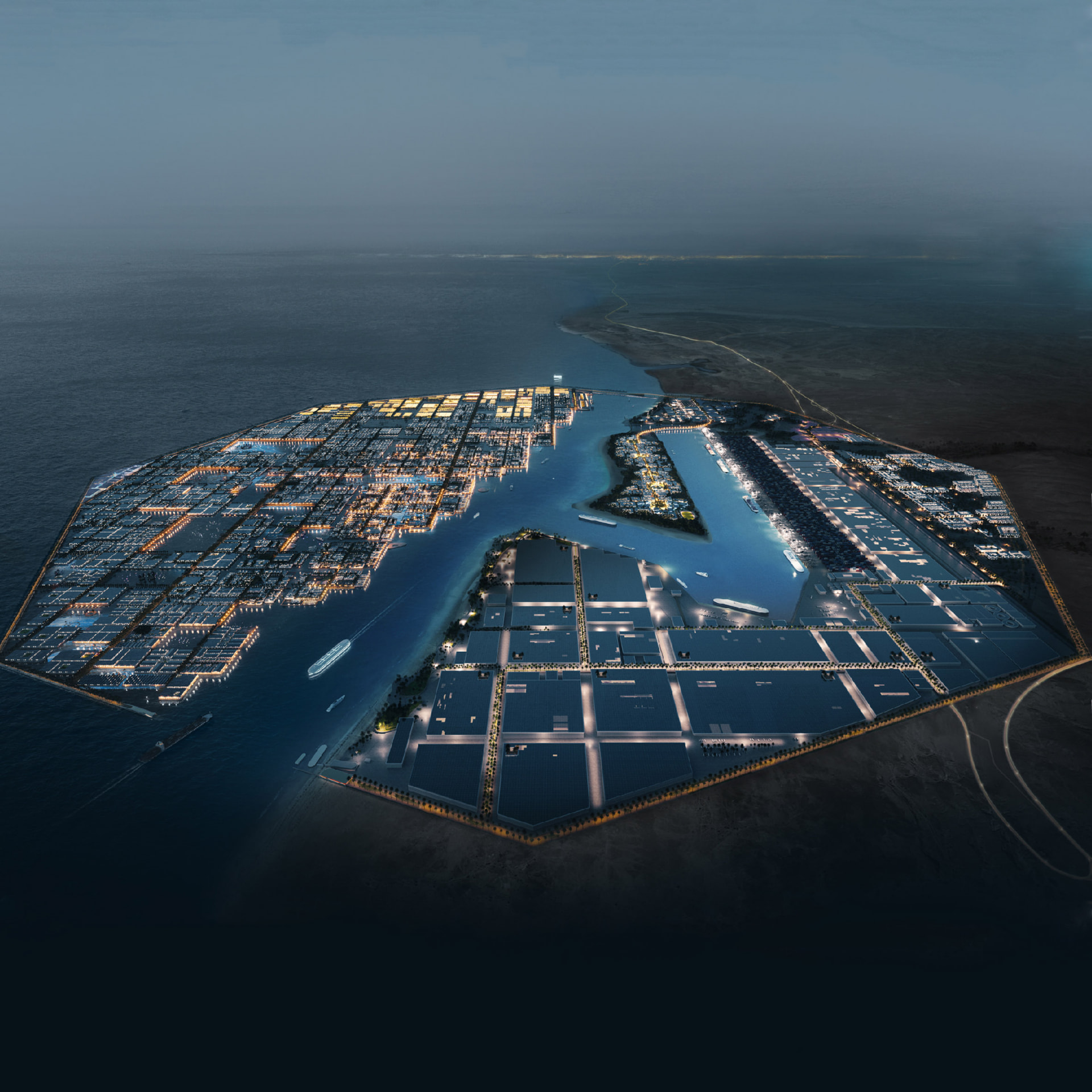 Illustration: Oxagon's port city at night — supplied to WAAR