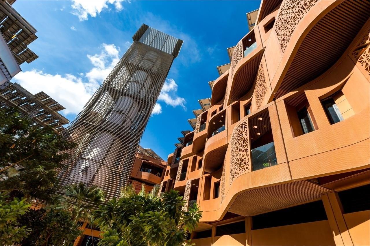 Image: The wind tower within Masdar City’s compact urban fabric — supplied to WAAR