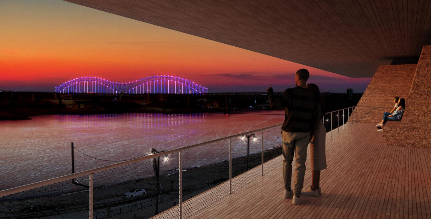 From the riverfront bluff, the museum ties art to the Mississippi and the Hernando de Soto Bridge — the place itself becomes part of the collection. Rendering: Herzog & de Meuron.