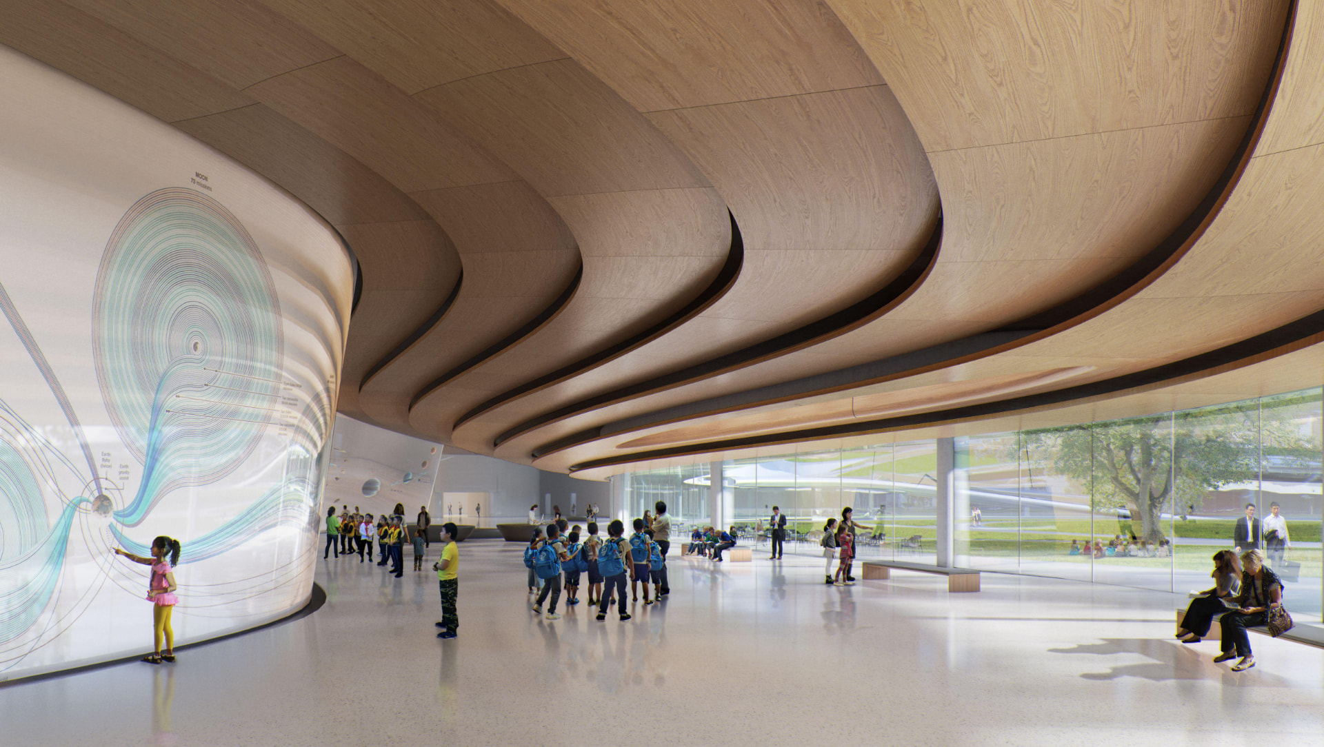 Image: Public interior beneath the flowing timber-lined ceiling — courtesy of MAD Architects