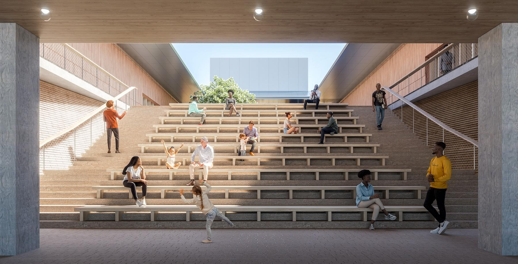 Timber-benched steps turn circulation into a place to pause and gather — an architecture of invitation rather than intimidation. Rendering: Herzog & de Meuron.
