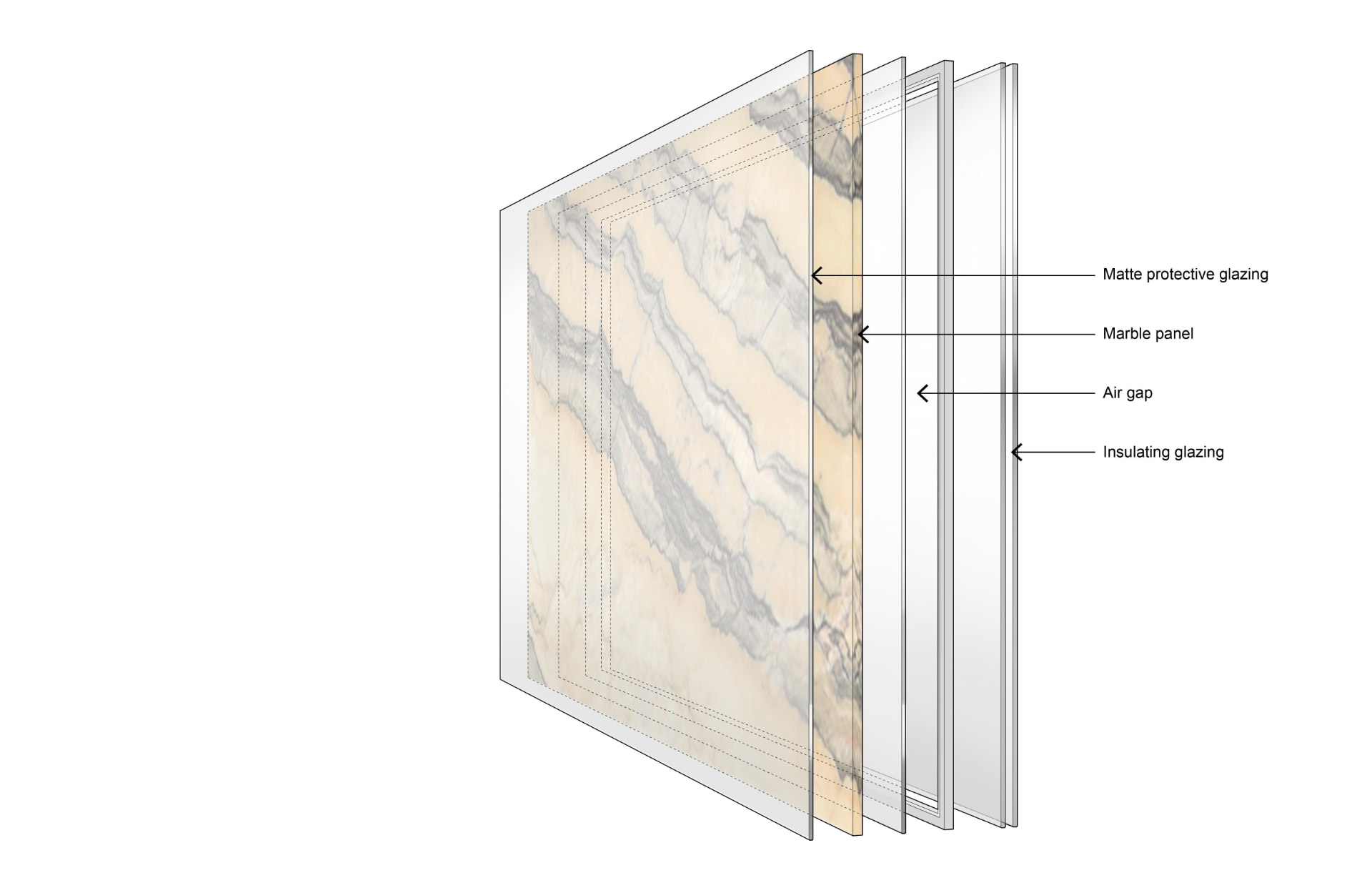 Illustration: Layered stone-and-glass high-performance envelope — supplied to WAAR
