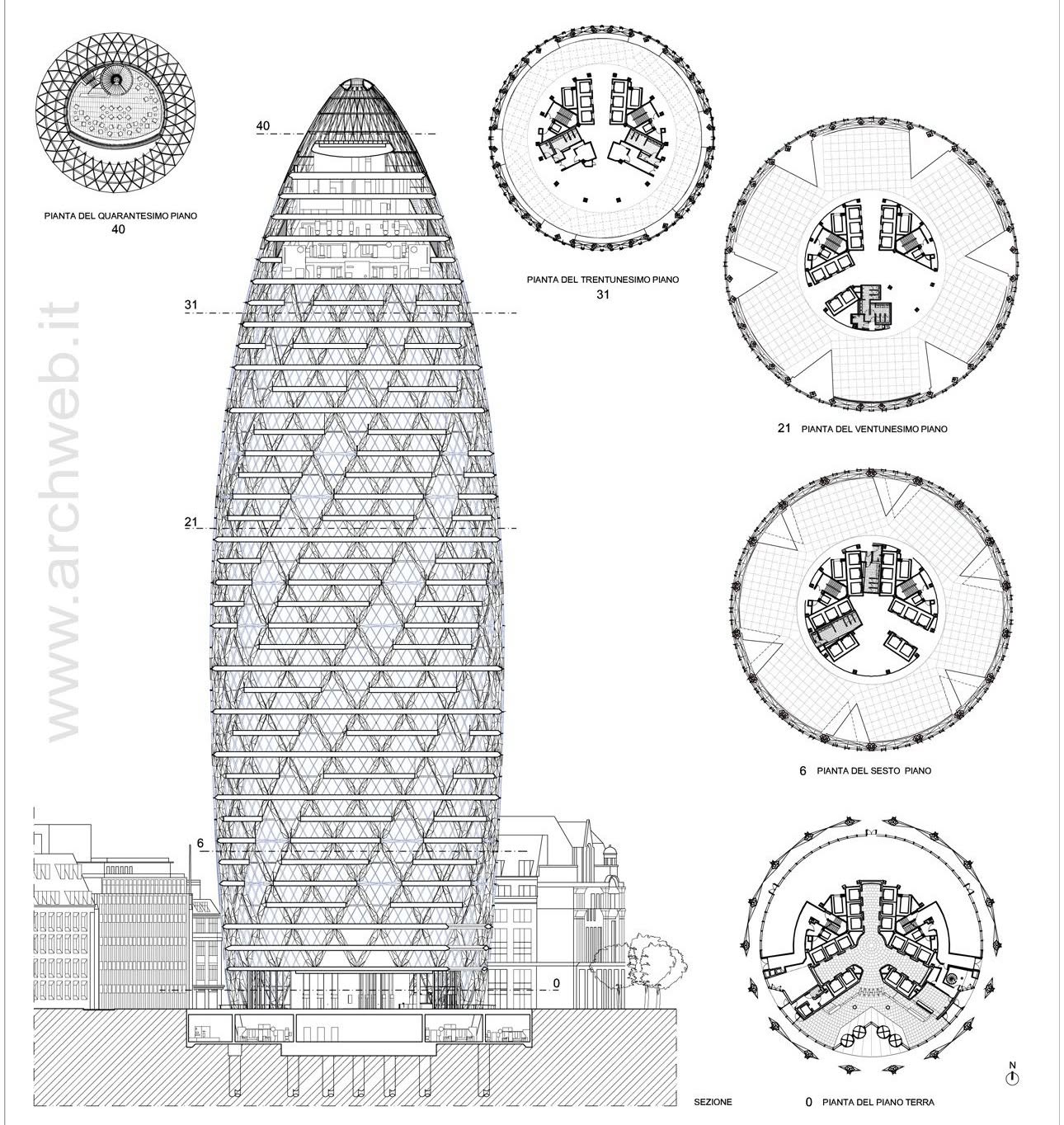 Drawing: 30 St Mary Axe sectional and floor-plate studies — supplied to WAAR