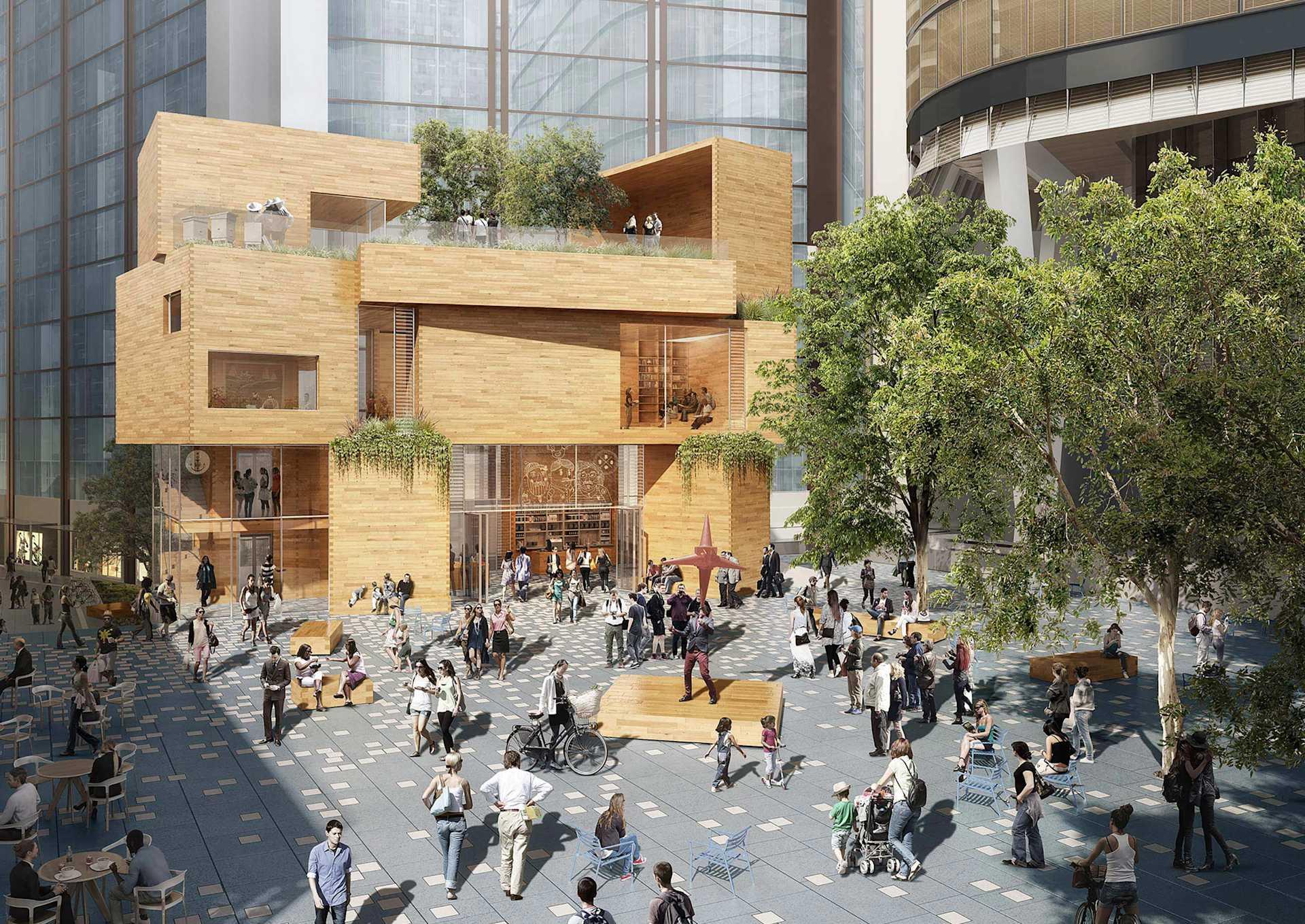 Public-square rendering: shared spaces give development a civic purpose beyond the buildings that frame them.