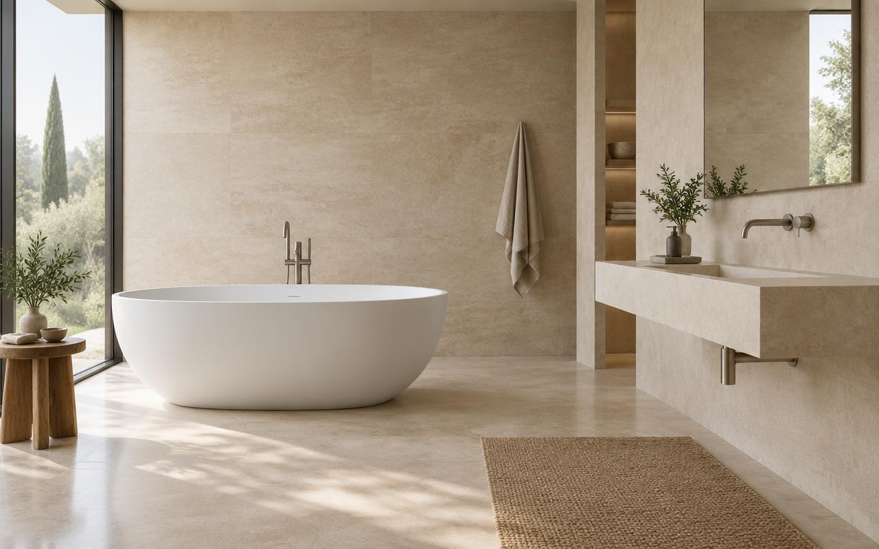 Contemporary bathroom with freestanding bath and sculptural basin