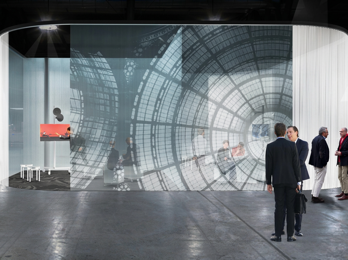 A screened meeting setting illustrates how spatial boundaries can support conversation without isolating it from the wider exhibition. Supplied rendering; clarity enhanced for WAAR.